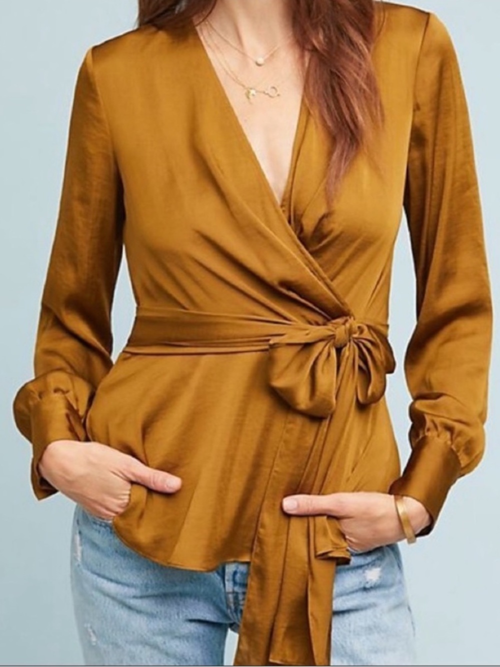 Moulinette Soeurs Golden Olive Long Sleeve Wrap Satin Blouse